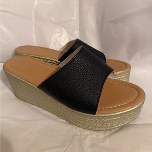 Elegant Black and Tan Wedge Sandals